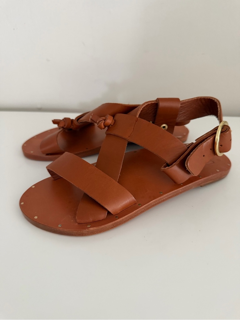 Beek for Anthropologie brown leather studded ankle wrap flat sandals women’s 6